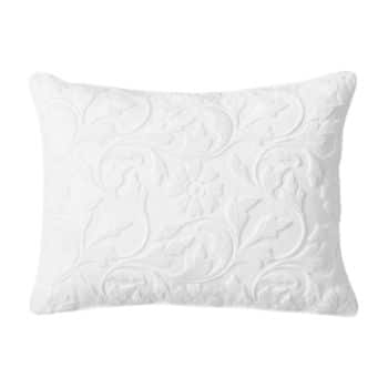 A rectangular white pillow with an embossed floral and leaf pattern.