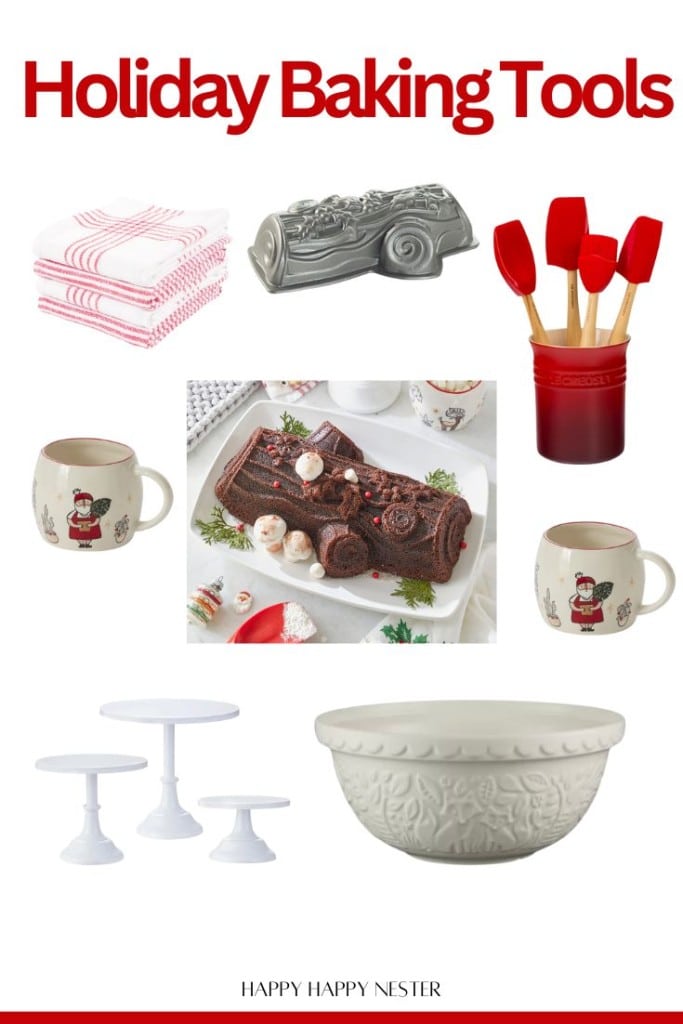 A collage of holiday baking essentials showcases red spatulas in a holder, a Nordic Ware Yule Log baking mold, festive mugs, white cake stands, red and white striped towels, and a decorative mixing bowl.