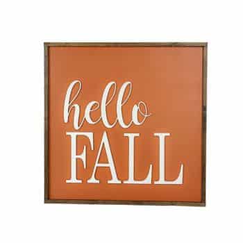 A square orange sign with a wooden frame and the words "hello FALL" in white letters—perfect front door decor for fall.