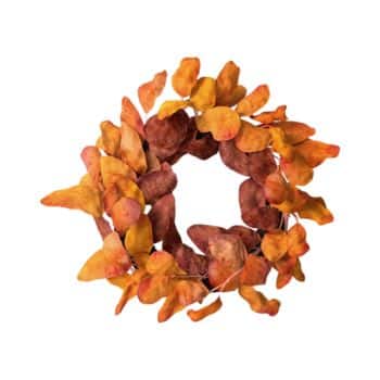 A wreath made of artificial autumn leaves in shades of orange, yellow, and brown, arranged in a circular shape—perfect as front door decor for fall.
