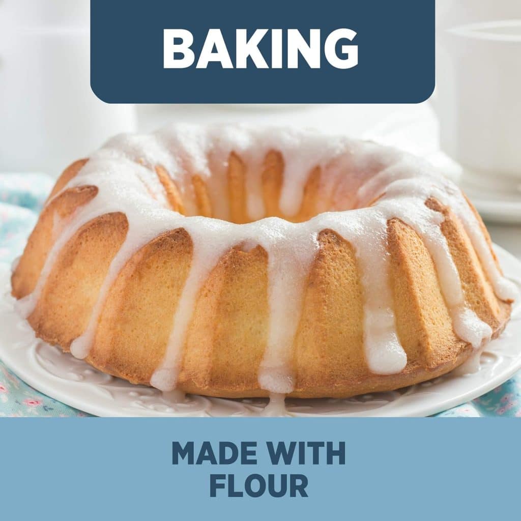 A freshly baked bundt cake with white icing drizzled on top sits on a white plate, embodying the essence of Fall Dessert Recipes. The image features a header titled "BAKING" with the text "MADE WITH FLOUR" elegantly displayed at the bottom.