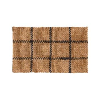 A rectangular doormat with a woven texture and a plaid pattern. The mat is mainly brown with black and yellow intersecting lines forming a grid across its surface.