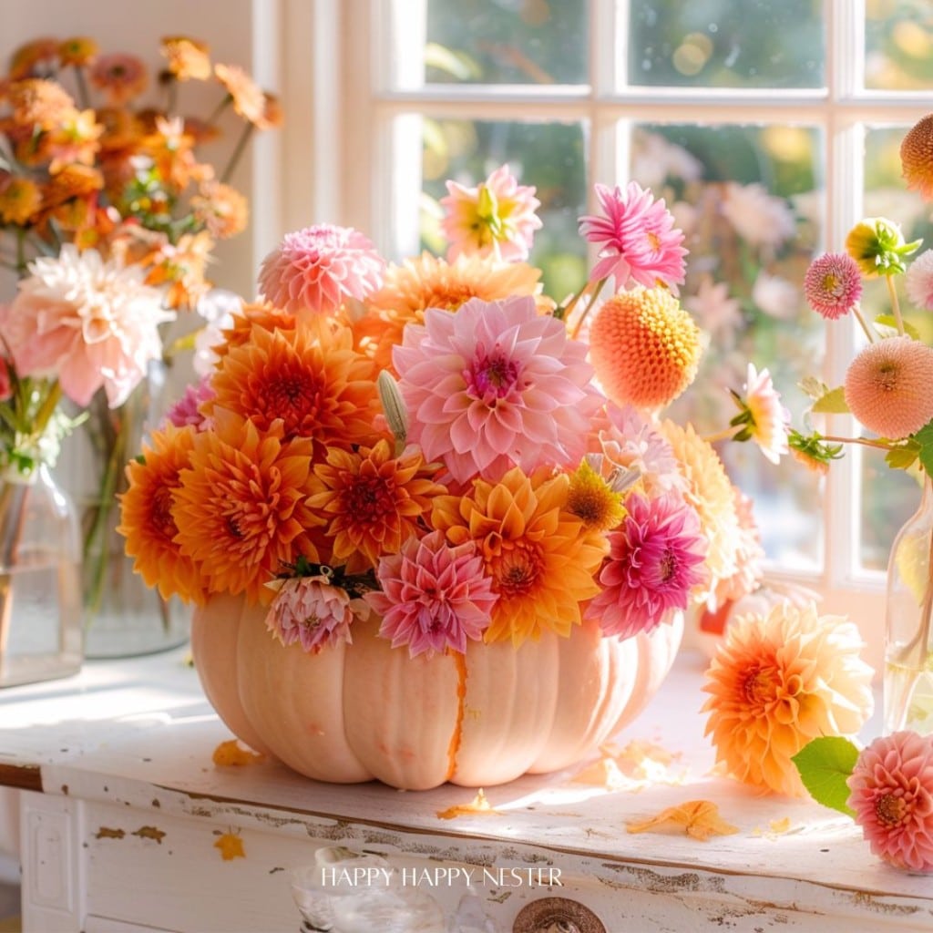 A pumpkin vase, a delightful example of easy pumpkin crafts, brims with vibrant orange and pink dahlias on a sunlit table. Additional flowers and vases glow in the background as sunlight streams through the window, creating a warm and cozy atmosphere.