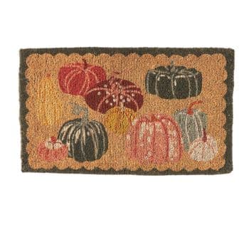 Rectangular doormat with a scalloped border, featuring various pumpkins in shades of orange, red, yellow, and gray on a tan background—perfect front door decor for fall.