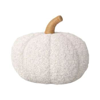 A plush, textured white pumpkin with a brown stem, resembling a cozy piece of decor.