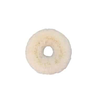 A fluffy, white circular object with a hole in the center, resembling a soft, plush donut against a plain white background.