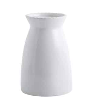 A simple, white ceramic vase with a smooth surface and a slightly flared, narrow opening. The background is plain white, emphasizing the vase's minimalist design.