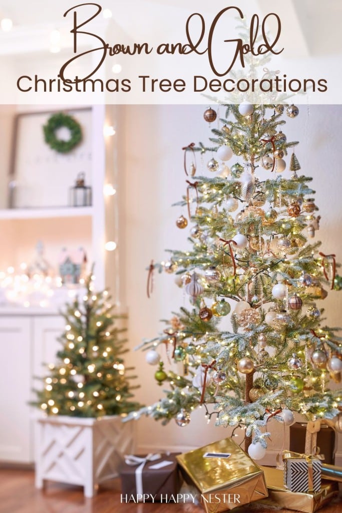 Two Christmas trees feature exquisite brown and gold decorations. The larger tree dazzles with baubles and ribbons, while the smaller one, nestled in a white planter, complements its elegance. Wrapped gifts add charm to the base of this festive display.