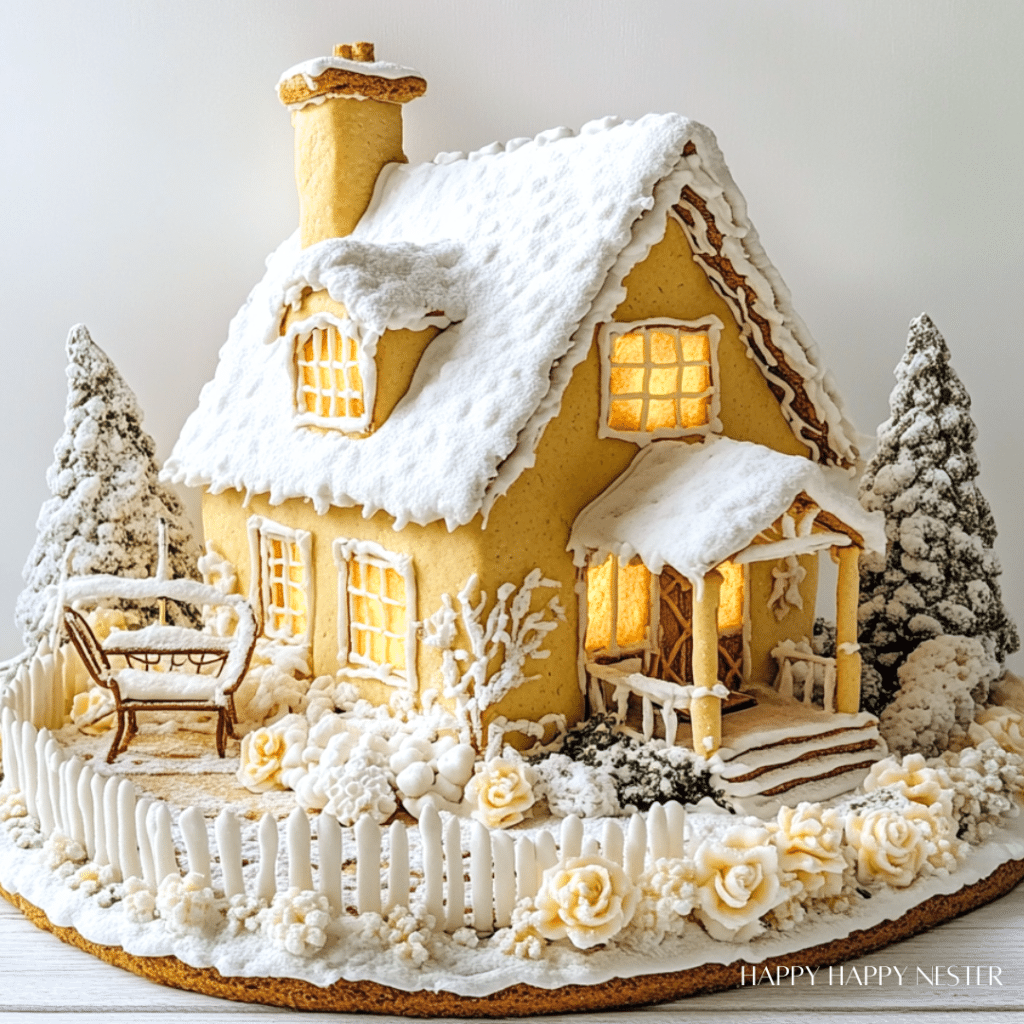 A detailed gingerbread house with powdered sugar snow, glowing windows, and intricate frosting decoration. Surrounded by snowy trees, white flowers, and a small sleigh laden with chocolate Christmas treats, all set on a round base with a white picket fence.