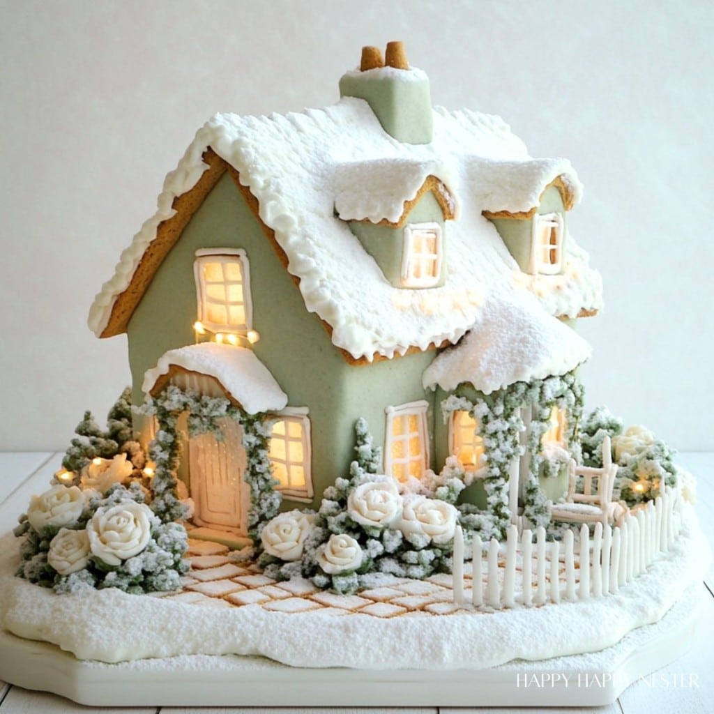 A beautifully crafted gingerbread house with glowing windows, covered in powdered sugar to resemble snow and adorned with chocolate accents. It features intricate details such as white roses, a snow-covered walkway, and a picket fence, evoking a Christmas treat wonderland.