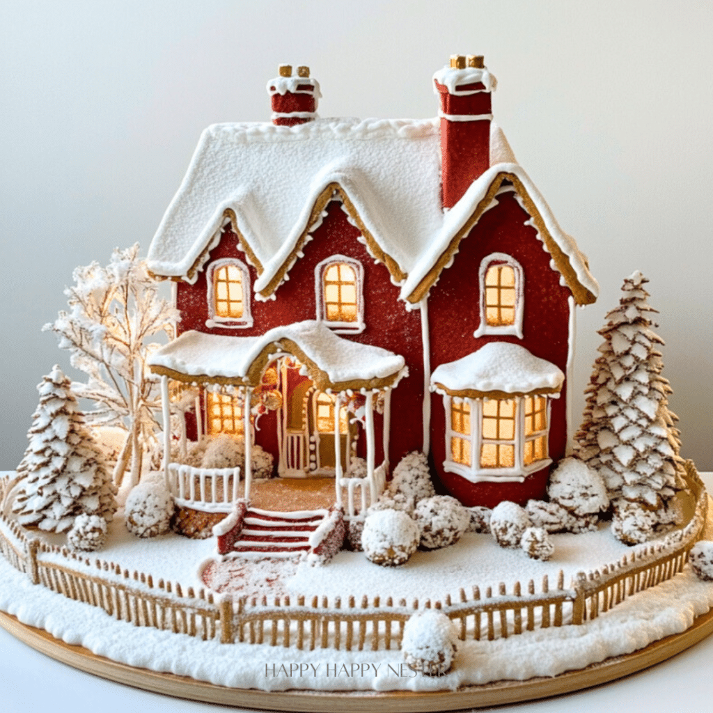 A gingerbread house depicting a red-brick cottage adorned with snowy white icing and chocolate accents. Warm lights glow from the windows, while snow-covered trees and a wooden fence surround the house, creating a cozy winter scene filled with Christmas treats charm.