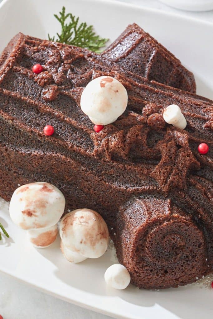 A chocolate Yule log cake, offering perfect cake inspiration, is adorned with edible mushrooms and red berries. It sits elegantly on a white plate, with a small green garnish adding a touch of freshness in the background.