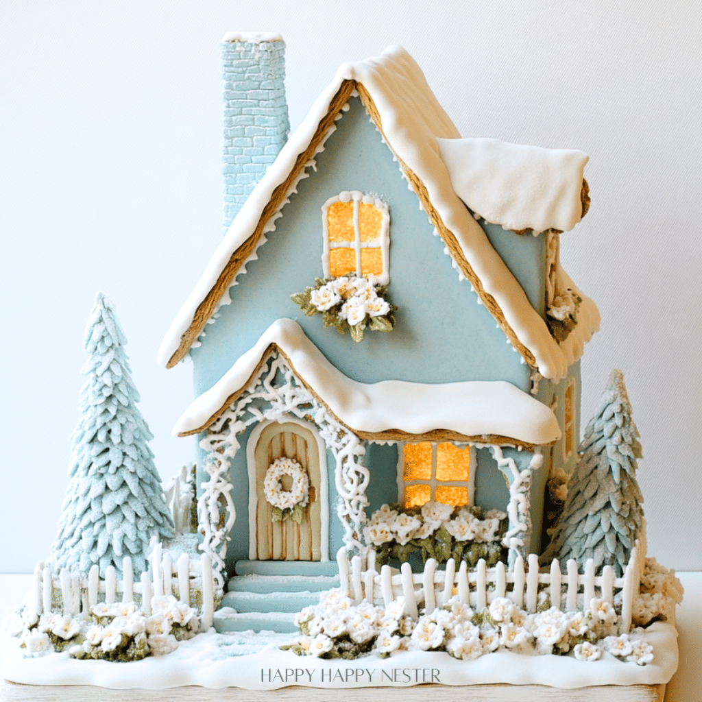 A pastel blue gingerbread house with a snow-covered roof and decorative icing stands amid chocolate Christmas treats. The charming abode features a chimney, illuminated windows, and is surrounded by a white picket fence, snow-dusted trees, and a wreath on the door.