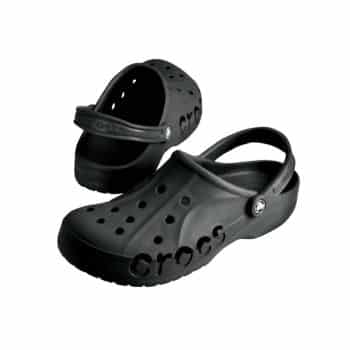 A pair of black Crocs clogs with perforated designs for breathability. The shoes feature a pivoting heel strap for a secure fit and the word "Crocs" embossed on the side.