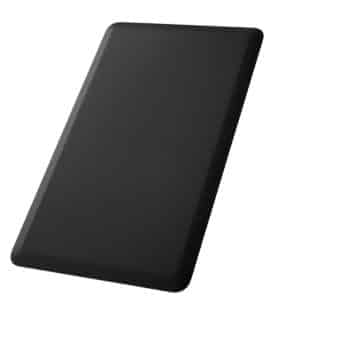 A slim, black, rectangular object with rounded edges, possibly a tablet or screen, is shown against a white background.