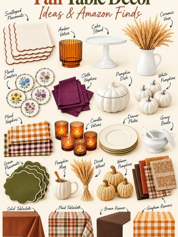 A grid of fall table decor including labeled placemats, napkins, vases, dishes, and table runners.