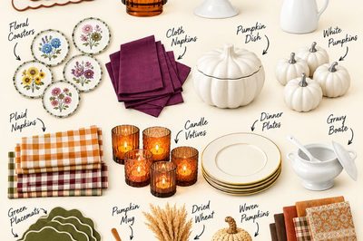 A grid of fall table decor including labeled placemats, napkins, vases, dishes, and table runners.