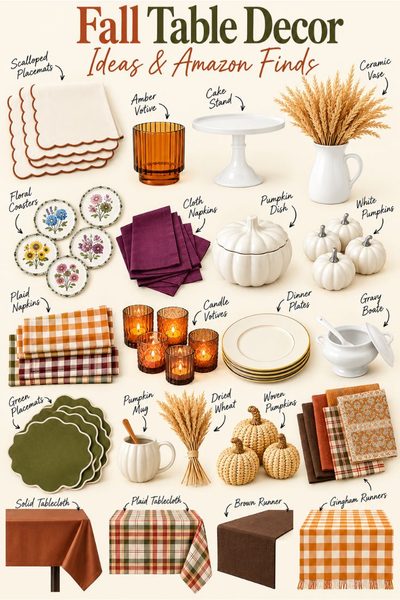 A grid of fall table decor including labeled placemats, napkins, vases, dishes, and table runners.