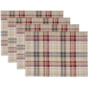 Four plaid placemats with red, gray, and beige stripes arranged in a neatly stacked formation.