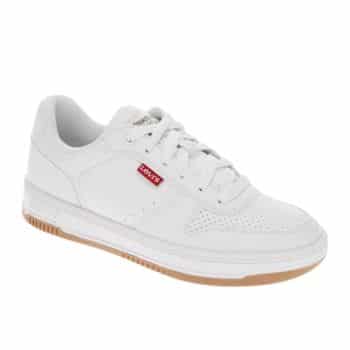 A white low-top sneaker with a perforated design on the toe cap, a red label on the side, and a brown sole. The shoe features white laces and has a casual, sporty appearance.