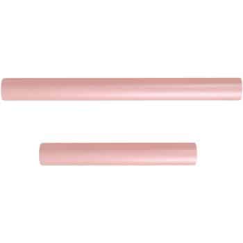 Two cylindrical rose-gold rods are placed horizontally against a white background. The top rod is longer than the bottom one.