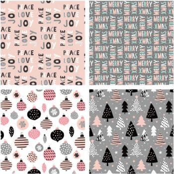 Four rectangular panels with holiday-themed patterns. Top left: "Peace," "Love," "Joy" text. Top right: "Merry Xmas" text. Bottom left: Pink, black, and gray ornaments. Bottom right: Trees in pink, black, and gray on a snowy background.