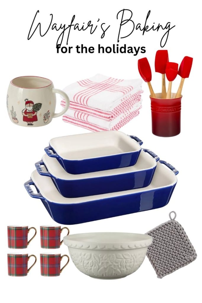 A holiday-themed baking collection featuring a Santa mug, red and white towels, a set of red spatulas, blue baking dishes, plaid mugs, a patterned mixing bowl, and a gray pot holder. Text reads "Wayfair's Baking for the Holidays.