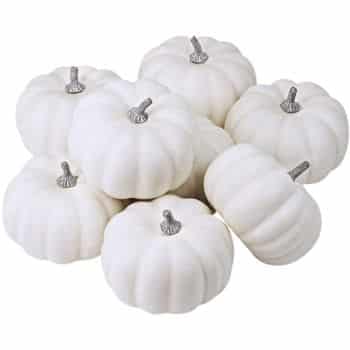 A cluster of small, white pumpkins with light gray stems piled together. The pumpkins have a smooth texture and rounded shape, creating a monochromatic and minimalistic appearance.