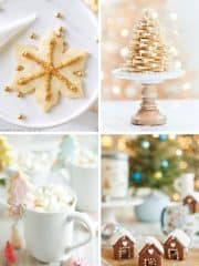 A collage of festive scenes: best Christmas cookies in the shape of snowflakes with golden sprinkles, a cookie tree on a stand, a cup of hot chocolate with marshmallows and cookies, and small gingerbread houses dusted with powdered sugar.