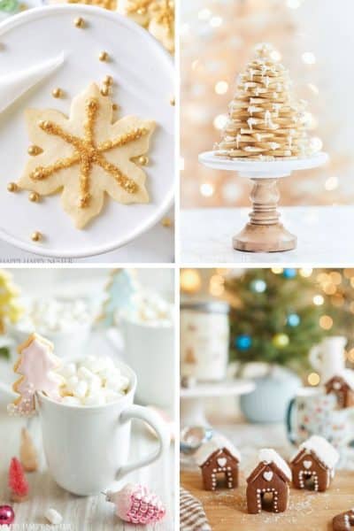 A collage of festive scenes: best Christmas cookies in the shape of snowflakes with golden sprinkles, a cookie tree on a stand, a cup of hot chocolate with marshmallows and cookies, and small gingerbread houses dusted with powdered sugar.