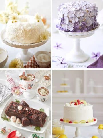 Four cakes offer splendid cake inspiration: a white one topped with flowers, a purple floral cake, a festive yule log adorned with hot cocoa delights, and another white delight garnished with strawberries and lemons. Each is displayed elegantly on a cake stand.