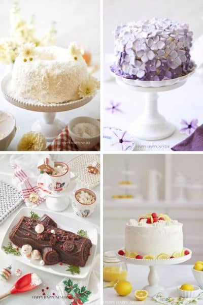 Four cakes offer splendid cake inspiration: a white one topped with flowers, a purple floral cake, a festive yule log adorned with hot cocoa delights, and another white delight garnished with strawberries and lemons. Each is displayed elegantly on a cake stand.