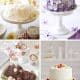 Four cakes offer splendid cake inspiration: a white one topped with flowers, a purple floral cake, a festive yule log adorned with hot cocoa delights, and another white delight garnished with strawberries and lemons. Each is displayed elegantly on a cake stand.