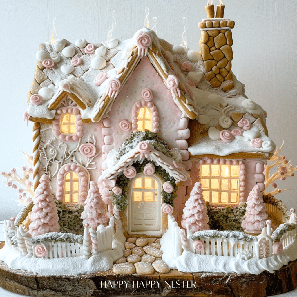 A detailed gingerbread house adorned with sugary decorations, pink accents, and frosting. The lit windows, chocolate stone pathway, picket fence, and chimney create a festive and cozy atmosphere perfect for Christmas treats. Text reads "Happy Happy Nester.