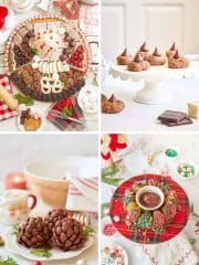 A collage of festive holiday delights: a Santa-themed dessert tray, peanut butter blossoms on a cake stand, chocolate pinecones on a table, and a plate with chocolate Christmas treats alongside a bowl of dip on a plaid tablecloth.