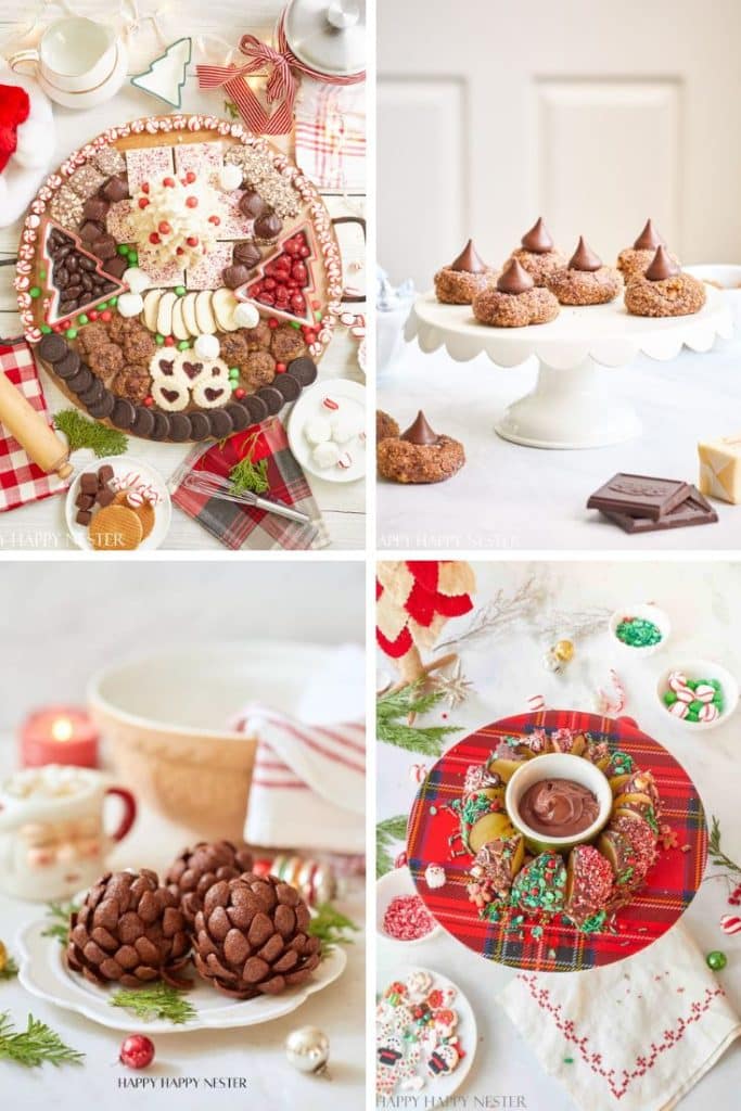 A collage of festive holiday delights: a Santa-themed dessert tray, peanut butter blossoms on a cake stand, chocolate pinecones on a table, and a plate with chocolate Christmas treats alongside a bowl of dip on a plaid tablecloth.