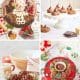 A collage of festive holiday delights: a Santa-themed dessert tray, peanut butter blossoms on a cake stand, chocolate pinecones on a table, and a plate with chocolate Christmas treats alongside a bowl of dip on a plaid tablecloth.