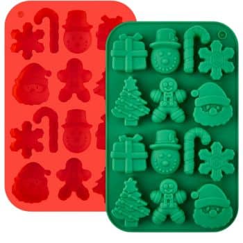 Two silicone baking molds; one red and one green, perfect for chocolate Christmas treats. The red mold features a snowman, gingerbread man, candy cane, and more. The green mold shows a Christmas tree, snowflake, gift, and Santa. Both have holiday-themed shapes for baking or crafting delights.