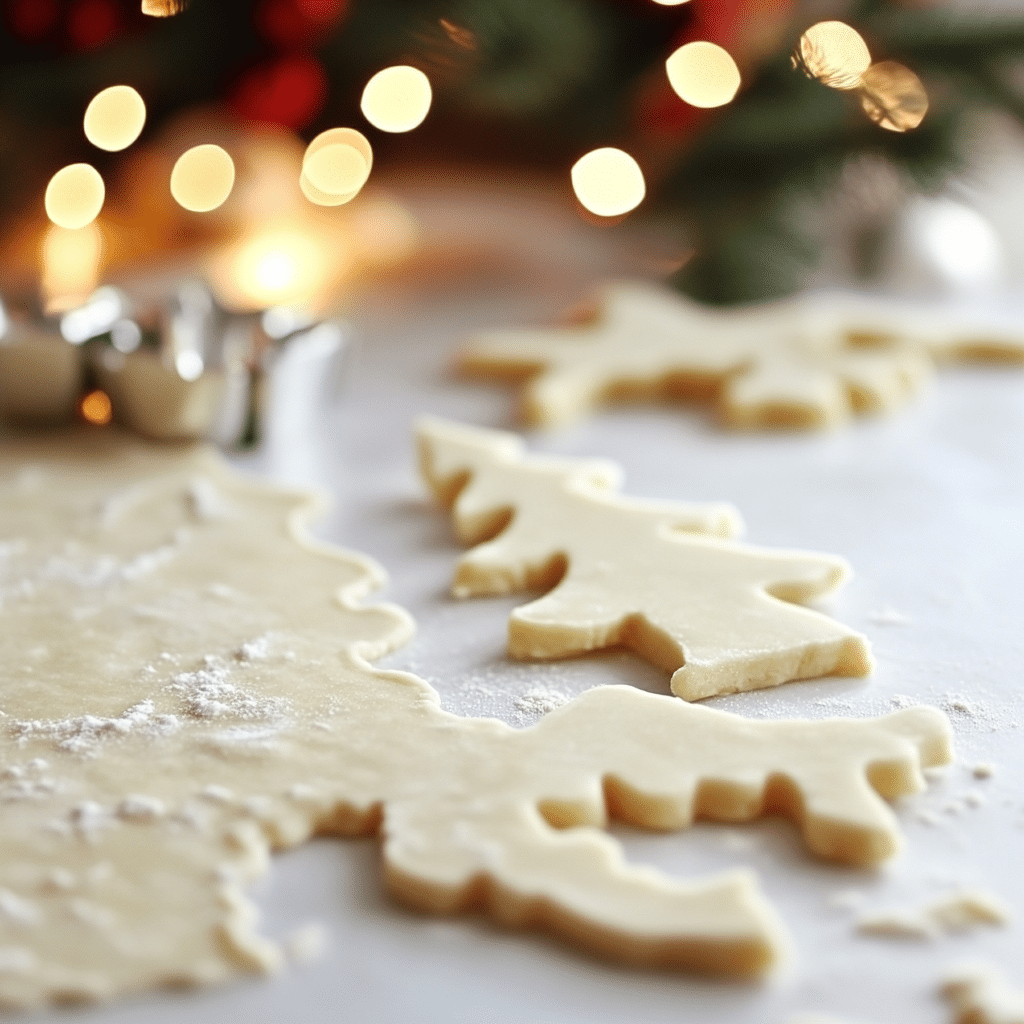 Close-up of cookie dough rolled out on a floured surface, featuring the best Christmas cookies cut into shapes of trees and reindeer. In the background, blurred festive lights and greenery enhance the holiday baking scene.