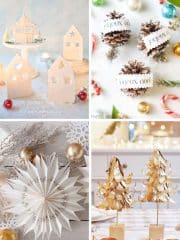 A collage of four delightful Christmas crafts for adults: gingerbread house cutouts, pinecones with "Joyeux Noël" labels, a paper star ornament, and golden leaf Christmas trees. Festive candies and ornaments surround the items.