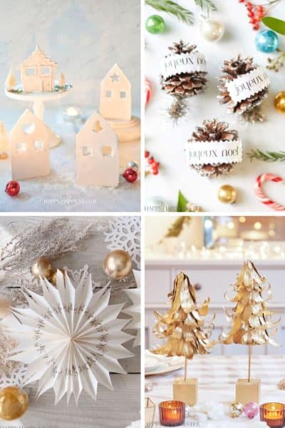 A collage of four delightful Christmas crafts for adults: gingerbread house cutouts, pinecones with "Joyeux Noël" labels, a paper star ornament, and golden leaf Christmas trees. Festive candies and ornaments surround the items.