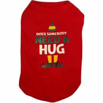 Red pet sweater with the text "Does Somebody Need a Hug" in festive colors. The design includes small elf-like shoes and hat.