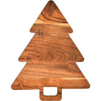 A wooden cutting board, perfect for arranging the best Christmas cookies, shaped like a Christmas tree with a small handle at the base, featuring a natural wood grain texture.