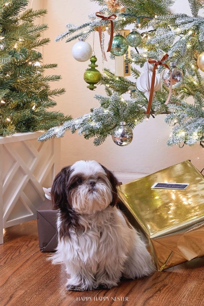 A fluffy dog sits on a wooden floor beside a Christmas tree decorated with ornaments and ribbons. A gold-wrapped gift is nearby, partially open. The room is warmly lit, creating a cozy holiday atmosphere.