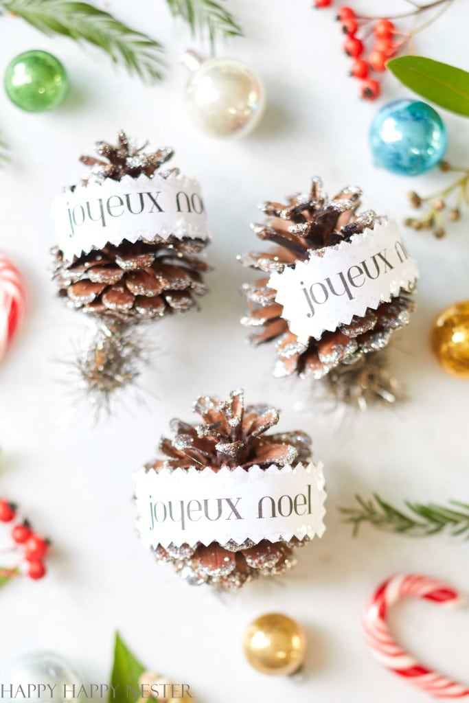 Three pinecones with "joyeux noel" labels are adorned with silver glitter, beautifully surrounded by colorful ornaments, candy canes, and greenery on a white background—a perfect project for Christmas crafts for adults.