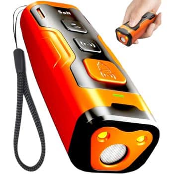 A bright orange and black handheld device with a wrist strap, featuring several buttons and lights. A smaller image shows a hand holding the device, demonstrating its compact size.