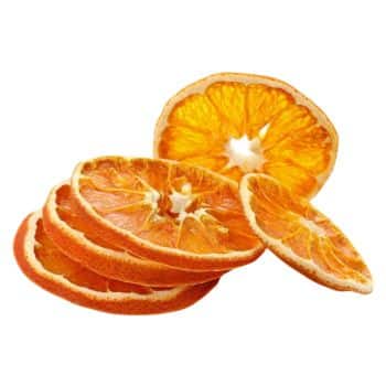 Slices of dried orange arranged in a stack, with one slice leaning against the stack, showcase their vibrant color and translucent flesh—perfect for adding a festive touch to Christmas crafts for adults.