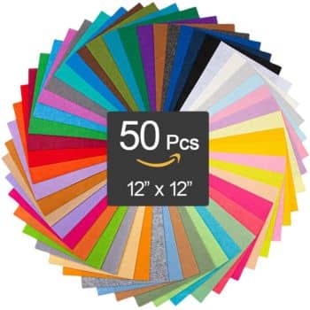 A spiral arrangement of 50 colorful felt sheets, ideal for holiday craft ideas, each 12" x 12", displaying a wide array of colors including pink, red, blue, yellow, and more. In the center is a black square with text: "50 Pcs, 12" x 12".