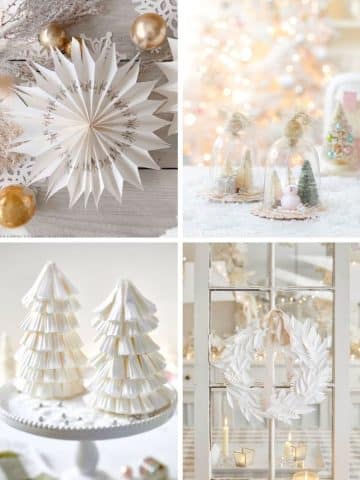 A collage of four festive images: a paper star decoration, two small Christmas trees under glass domes, paper trees on a table, and a white wreath on a window pane. Perfect holiday craft ideas for creating a cozy and elegant setting surrounded by candles and light.