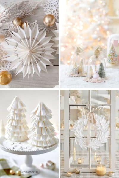 A collage of four festive images: a paper star decoration, two small Christmas trees under glass domes, paper trees on a table, and a white wreath on a window pane. Perfect holiday craft ideas for creating a cozy and elegant setting surrounded by candles and light.